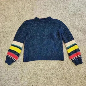 Nordstrom Navy Blue Metallic Crop Sweater w/ Bell Sleeves & Colorful Stripes, L